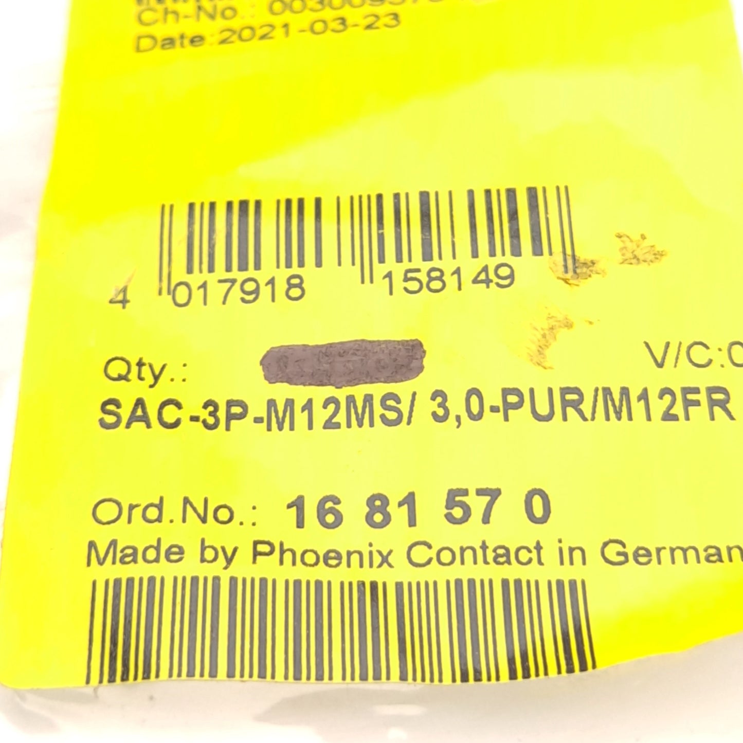 New – Open box Phoenix Contact SAC-3P-M12MS/ 3,0-PUR/M12FR 1681570 Cable, M12 3-Pin Male/Female