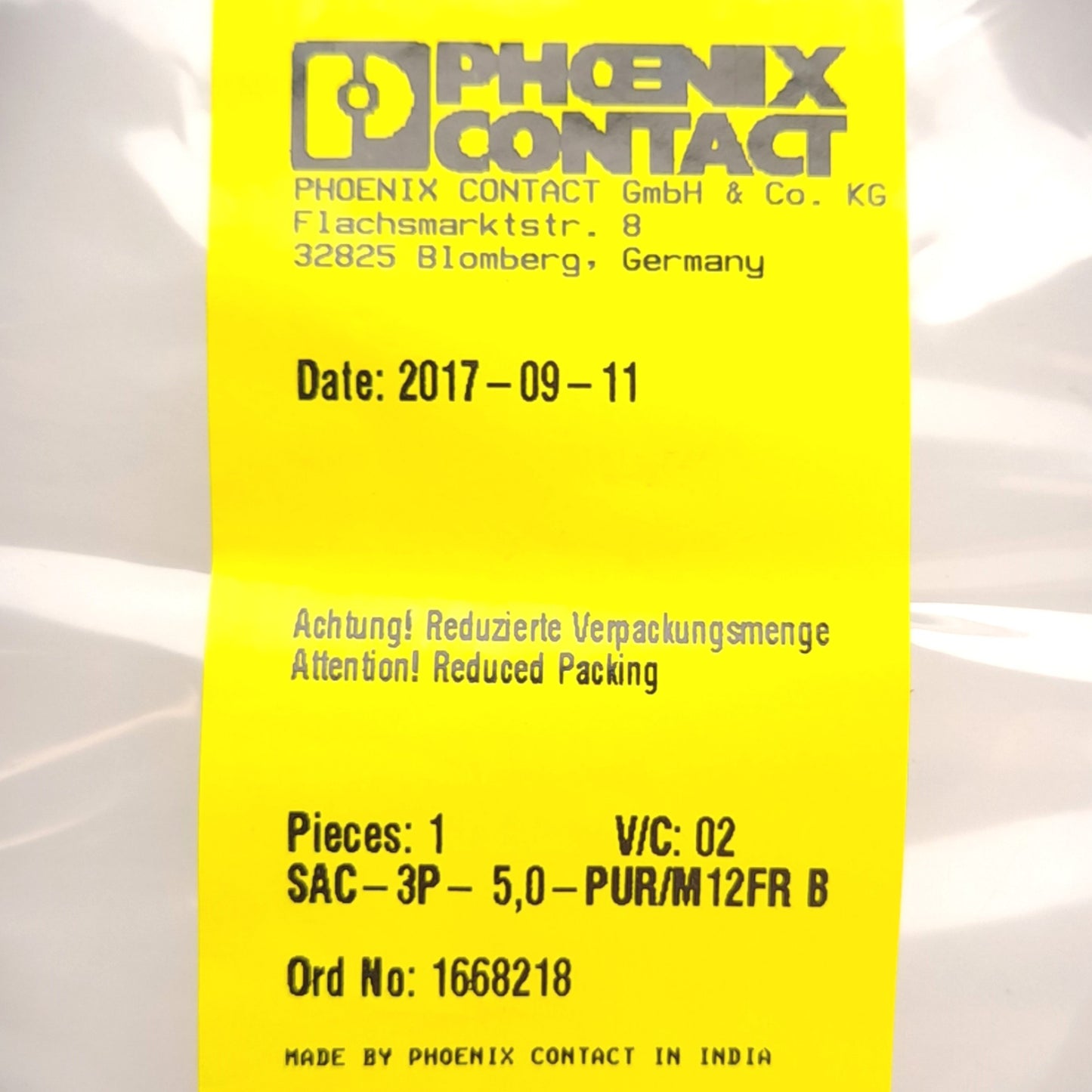 New – Open box Phoenix Contact SAC-3P- 5,0-PUR/M12FR B 1668218 Cable, M12 3-Pin Female, 5m