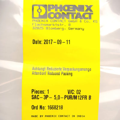 New – Open box Phoenix Contact SAC-3P- 5,0-PUR/M12FR B 1668218 Cable, M12 3-Pin Female, 5m
