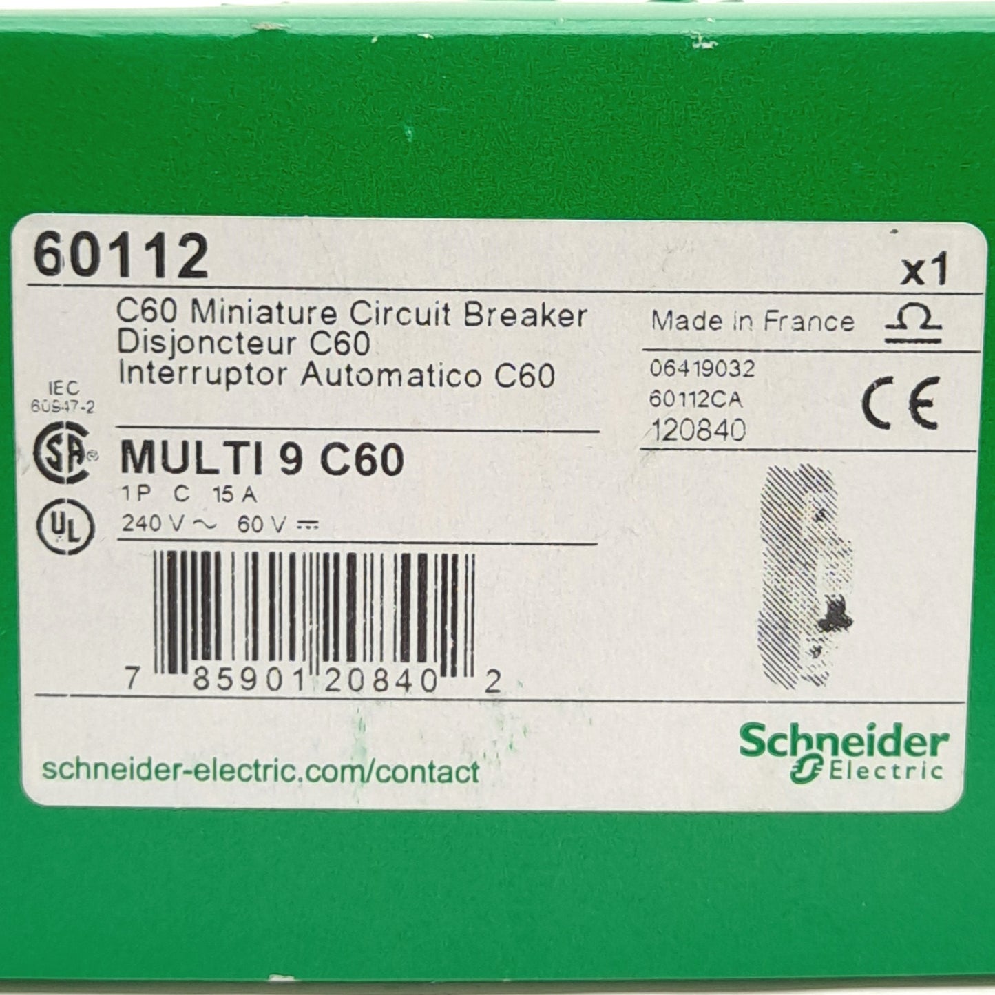 New Schneider Electric 60112 Mini Circuit Breaker, 1-Pole, C-Curve, 120VAC 15A
