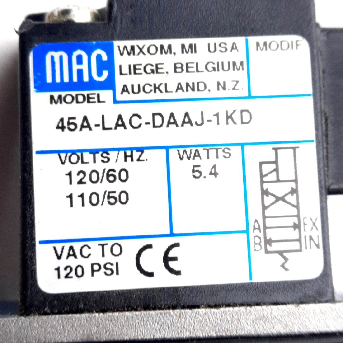 Used Mac 45A-LAC-DAAJ-1KD Base Mounted Solenoid Valve, 120VAC, Vac-120PSI, 1/8in NPT