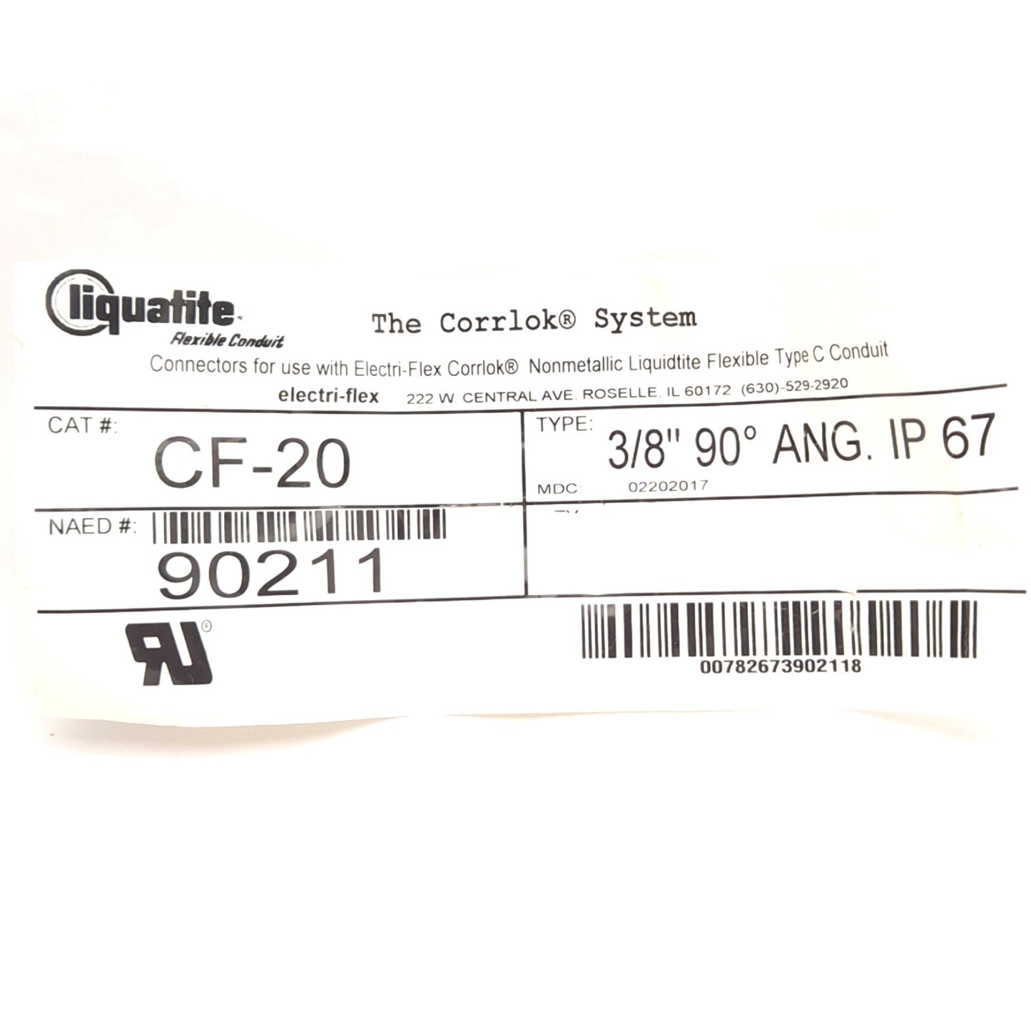 New – Open box Lot of 5 Electri-Flex CF-20 Connector, 90° Angle, 3/8in Trade, 1/2in NPT