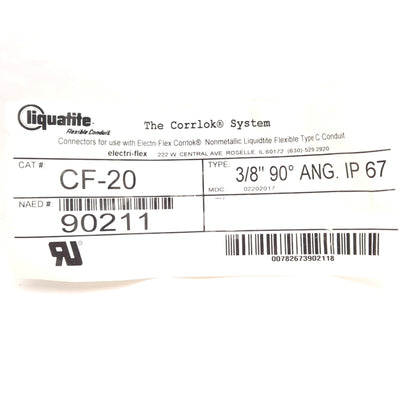 New – Open box Lot of 5 Electri-Flex CF-20 Connector, 90° Angle, 3/8in Trade, 1/2in NPT