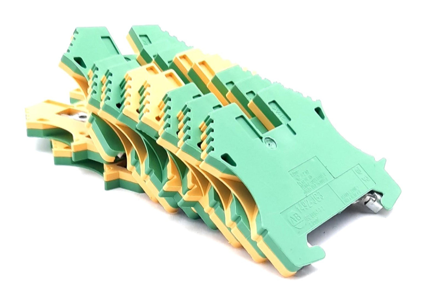 Used Lot of 10 Allen Bradley 1492-JG3 Ground Terminal Block, Green/Yellow, 600V 30A