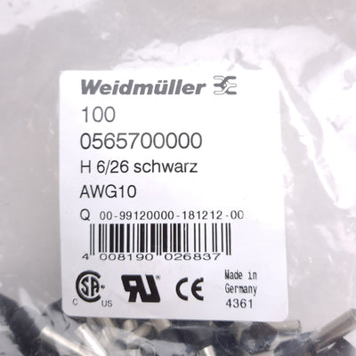 New Lot of 500 Weidmuller 0565700000 H6,0/26 SW Wire-End Ferrule, ø3.5mm Contact