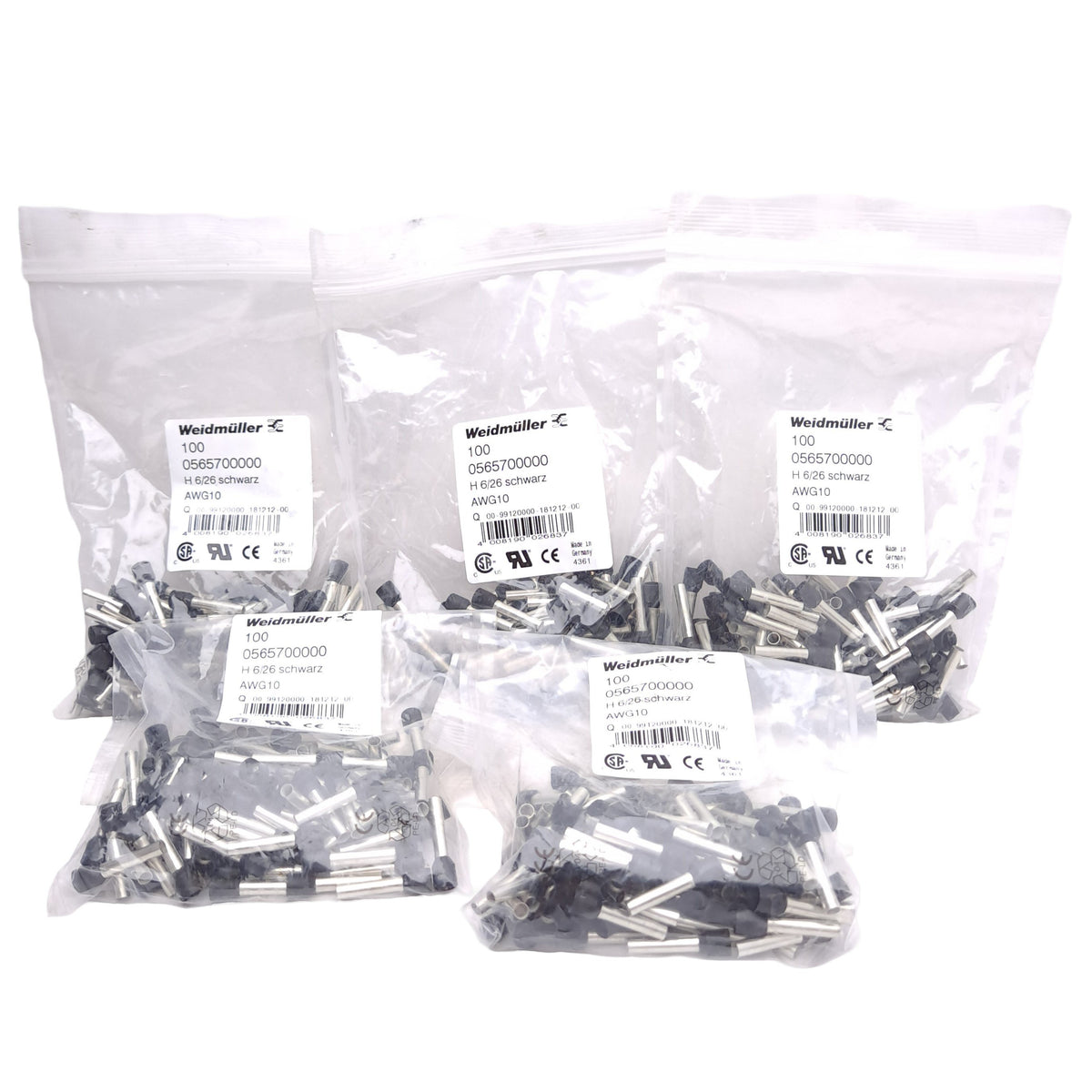 New Lot of 500 Weidmuller 0565700000 H6,0/26 SW Wire-End Ferrule, ø3.5mm Contact