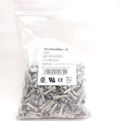 New Lot of 500 Weidmuller 9019190000 H4 0/18D GR Wire-End Ferrules AWG 12