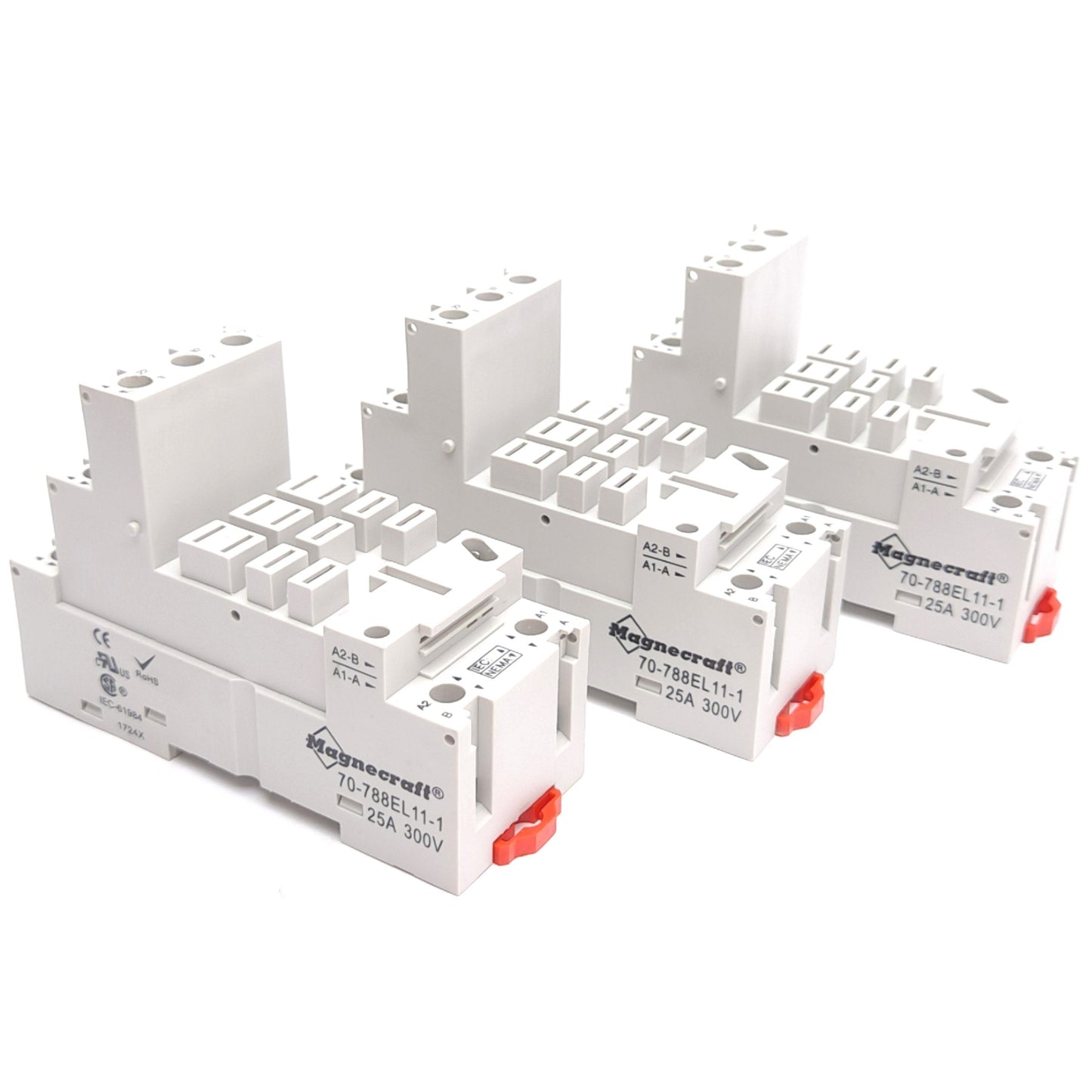 New – Open box Lot of 3 Magnecraft 70-788EL11-1 Relay Socket, 11-Pin Blade, 3-Pole, 300V 25A