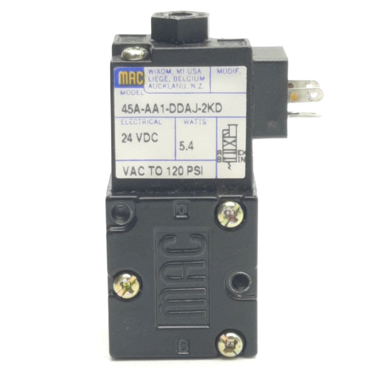 Used MAC Valve 45A-AA1-DDAJ-2KD Solenoid Valve VAC-120PSI, 1/8" NPT, 24VDC Coil