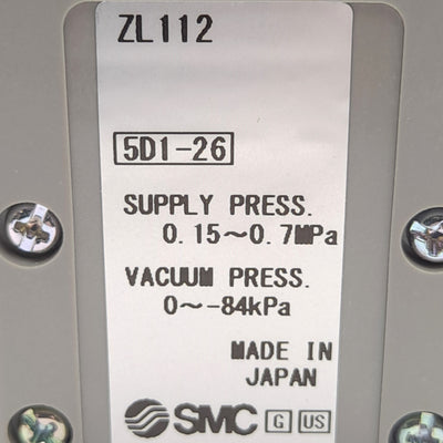 New – Open box SMC ZL112 Vacuum Ejector, 0.15-0.7MPa Supply, 0 to -84kPa Vacuum. ø1.2mm Nozzle