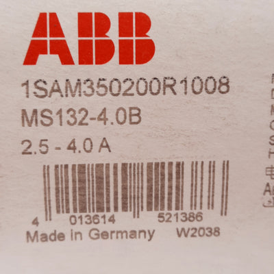 New ABB MS132-4.0B Manual Motor Starter, 3-Pole, 2.5-4.0A, 0.75-3HP, 600VAC Coil