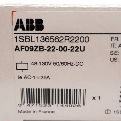 New ABB AF09ZB-22-00-22U Contactor, 4-Pole, 690VAC 25A, 48-130VAC/DC Coil, DIN Rail