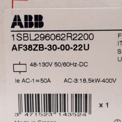 New ABB AF38ZB-30-00-22U Contactor, 3-Pole, 690VAC 50A, 48-130VAC/DC Coil, DIN Rail