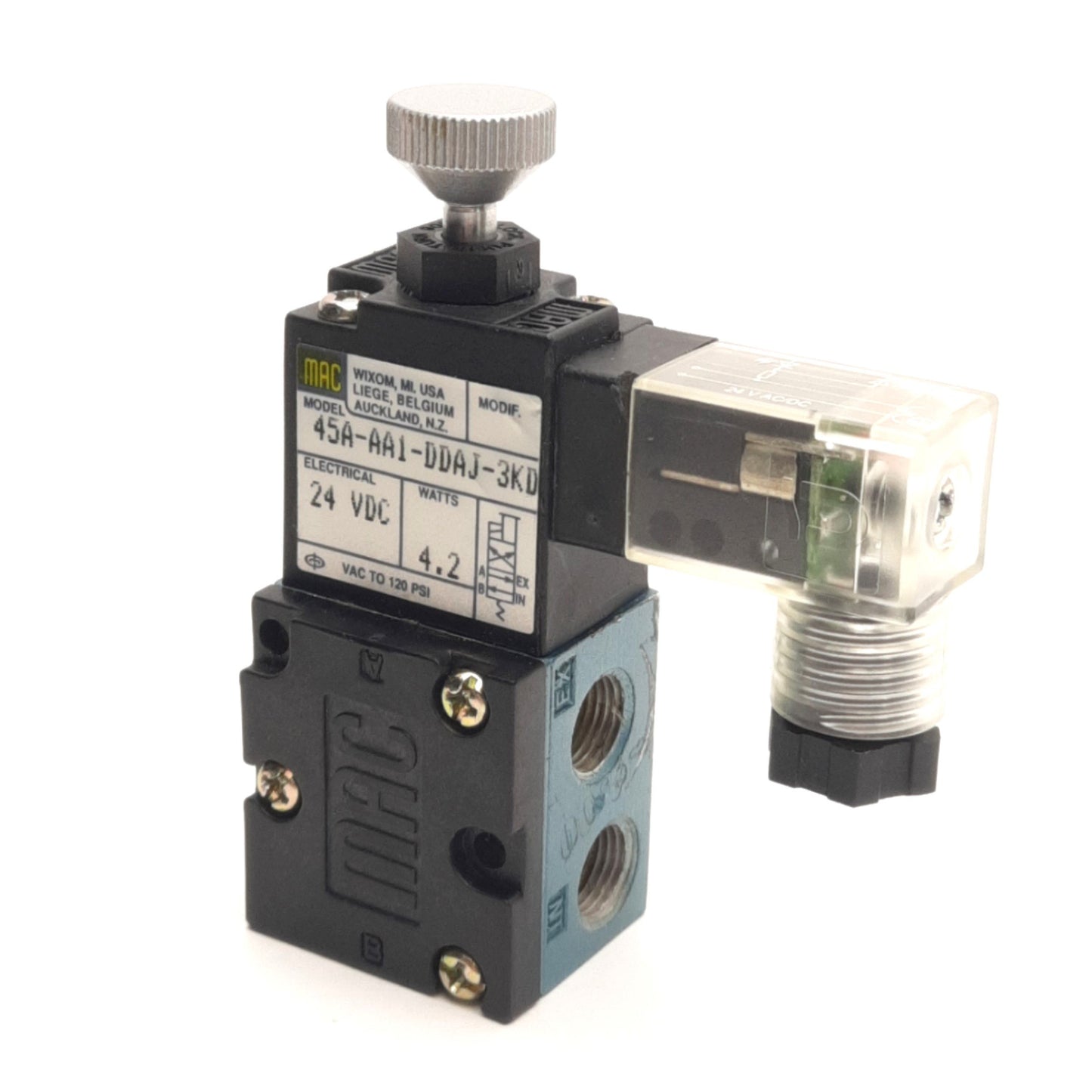 Used Mac Valves 45A-AA1-DDAJ-3KD Solenoid Valve 4/2 Way, Vac-120Psi, 24VDC Coil