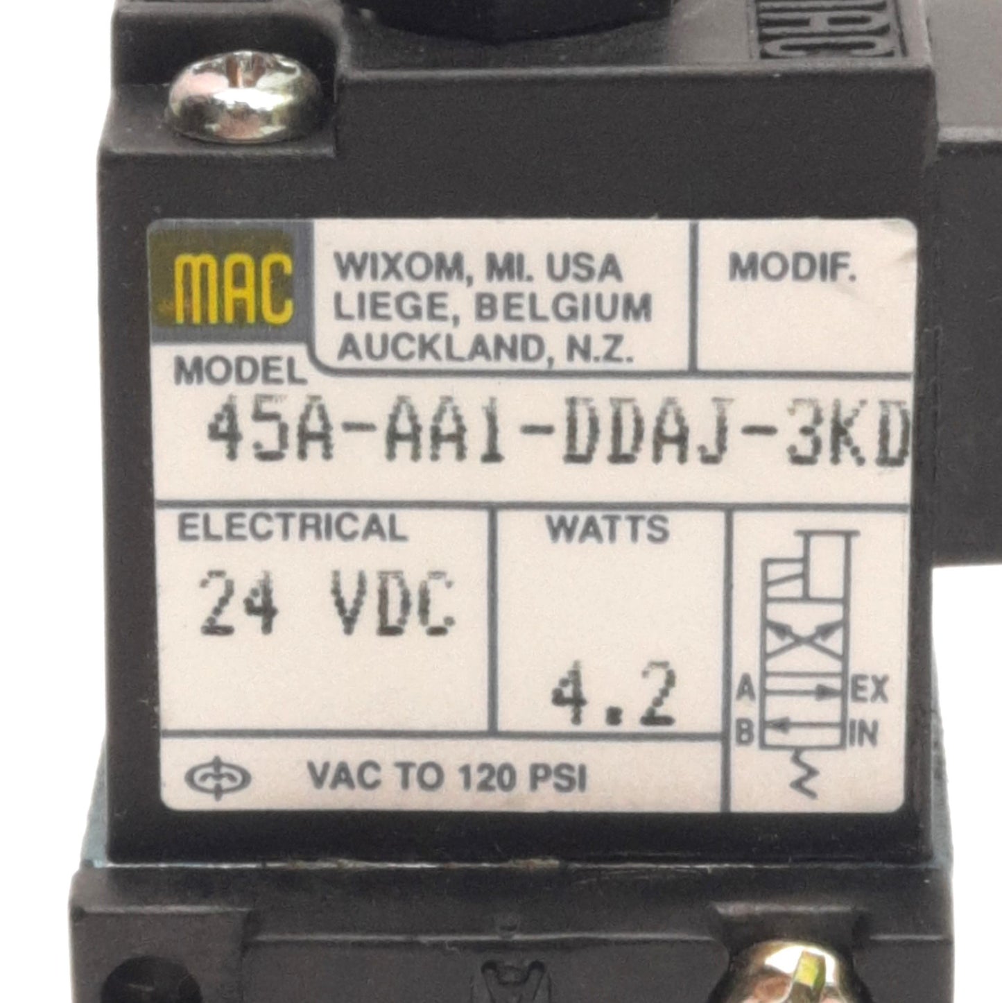 Used Mac Valves 45A-AA1-DDAJ-3KD Solenoid Valve 4/2 Way, Vac-120Psi, 24VDC Coil