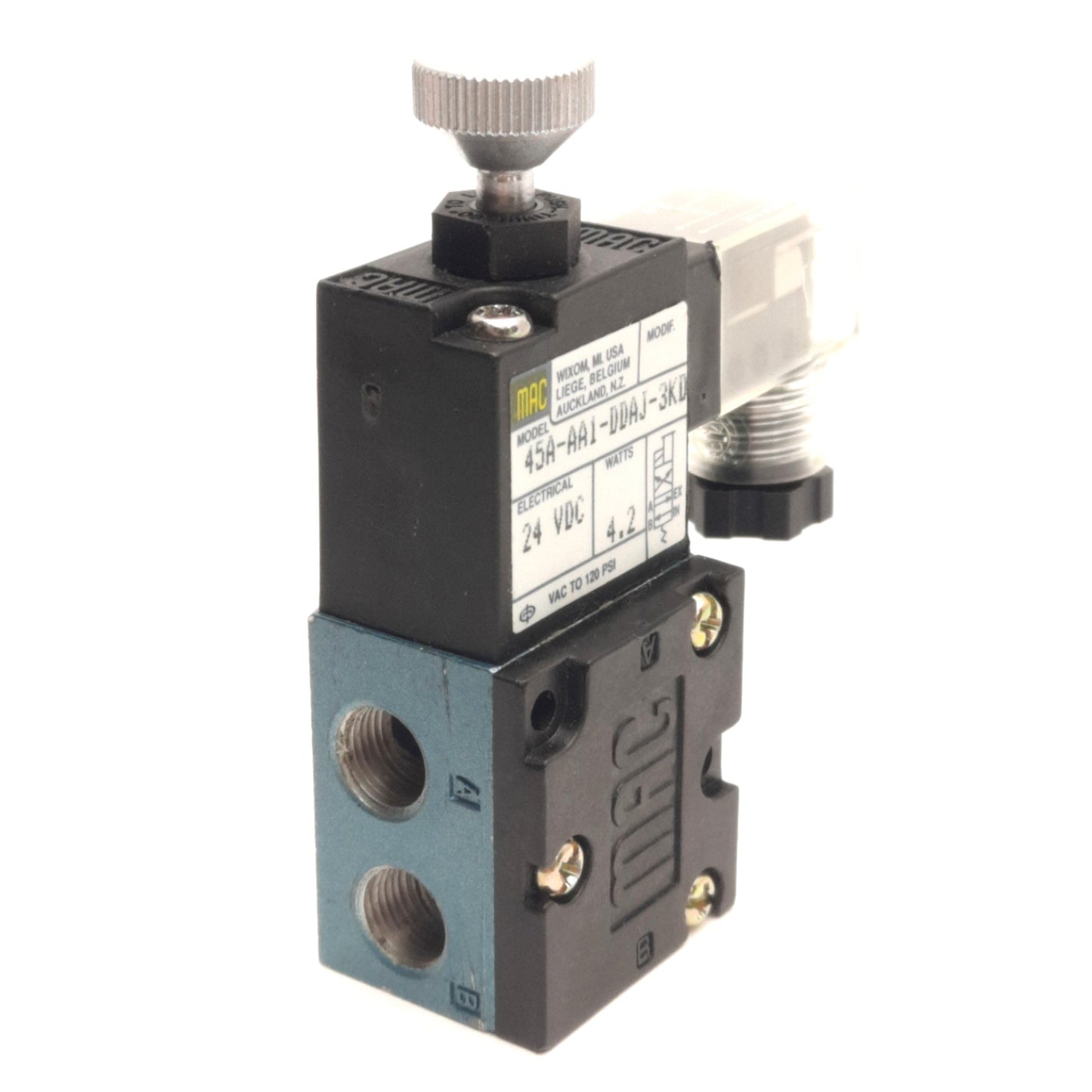 Used Mac Valves 45A-AA1-DDAJ-3KD Solenoid Valve 4/2 Way, Vac-120Psi, 24VDC Coil