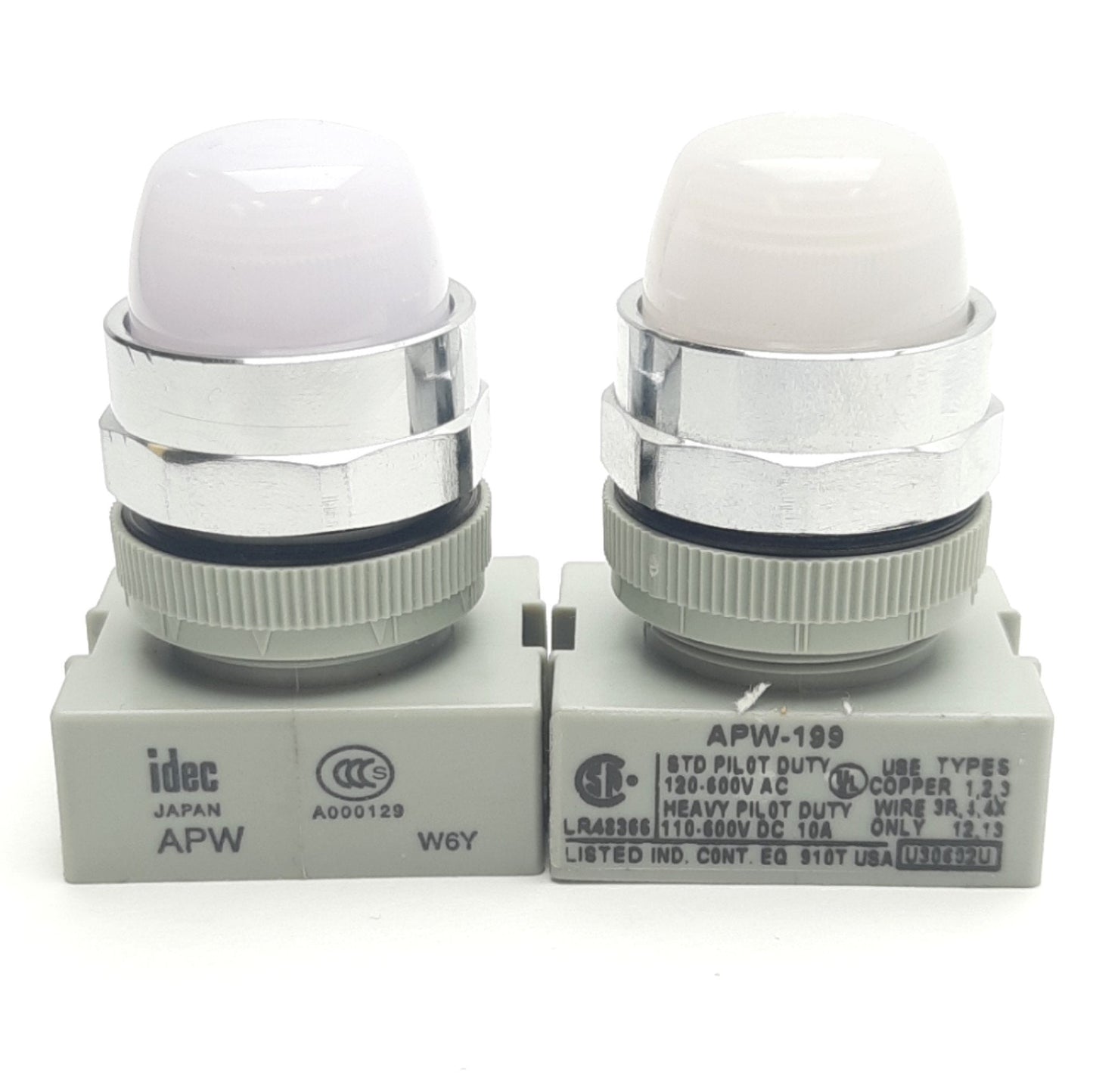 Used Lot of 2 Idec APW299-W-120V LED Dome Pilot Indicator Lights White, 120VAC