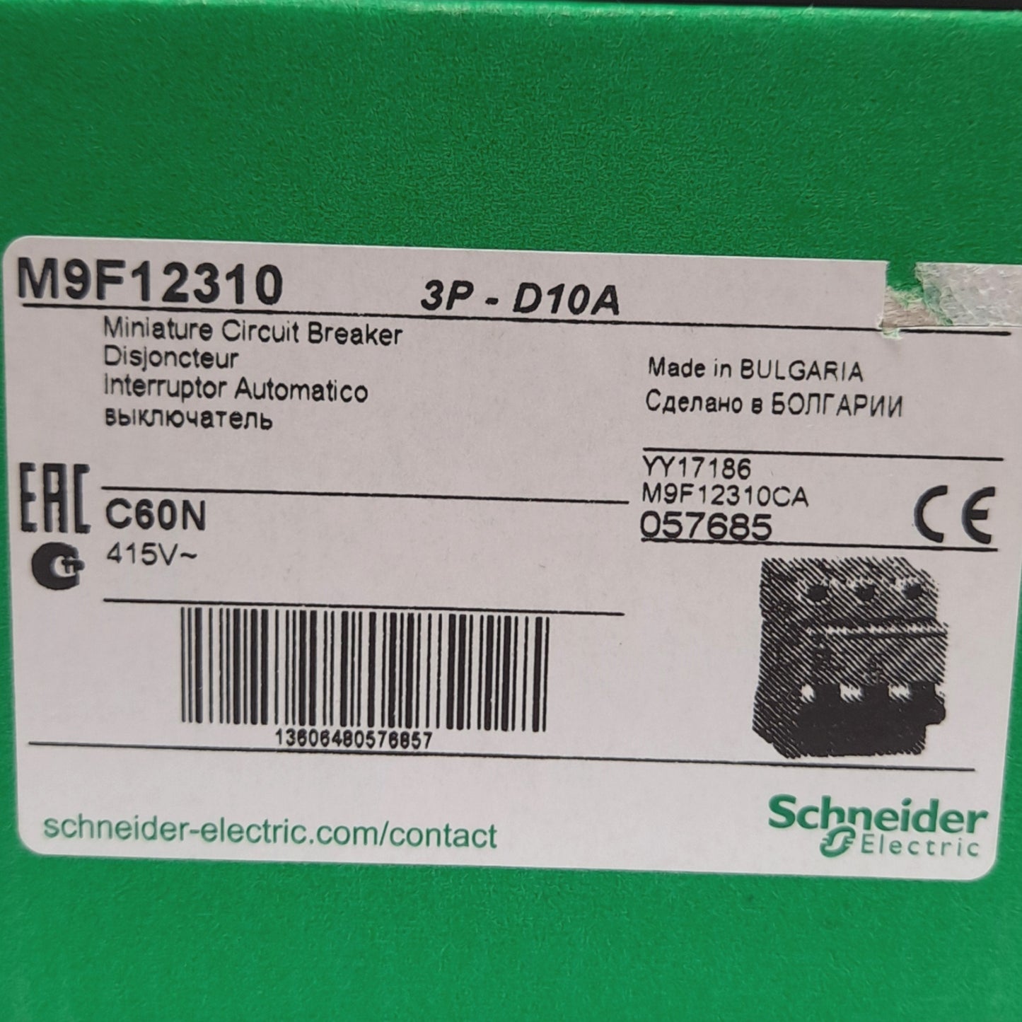 New – Open box Schneider Electric M9F12310 Circuit Breaker, 3-Pole, D-Curve, 240VAC 10A