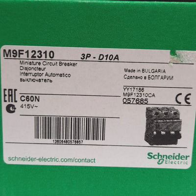 New – Open box Schneider Electric M9F12310 Circuit Breaker, 3-Pole, D-Curve, 240VAC 10A