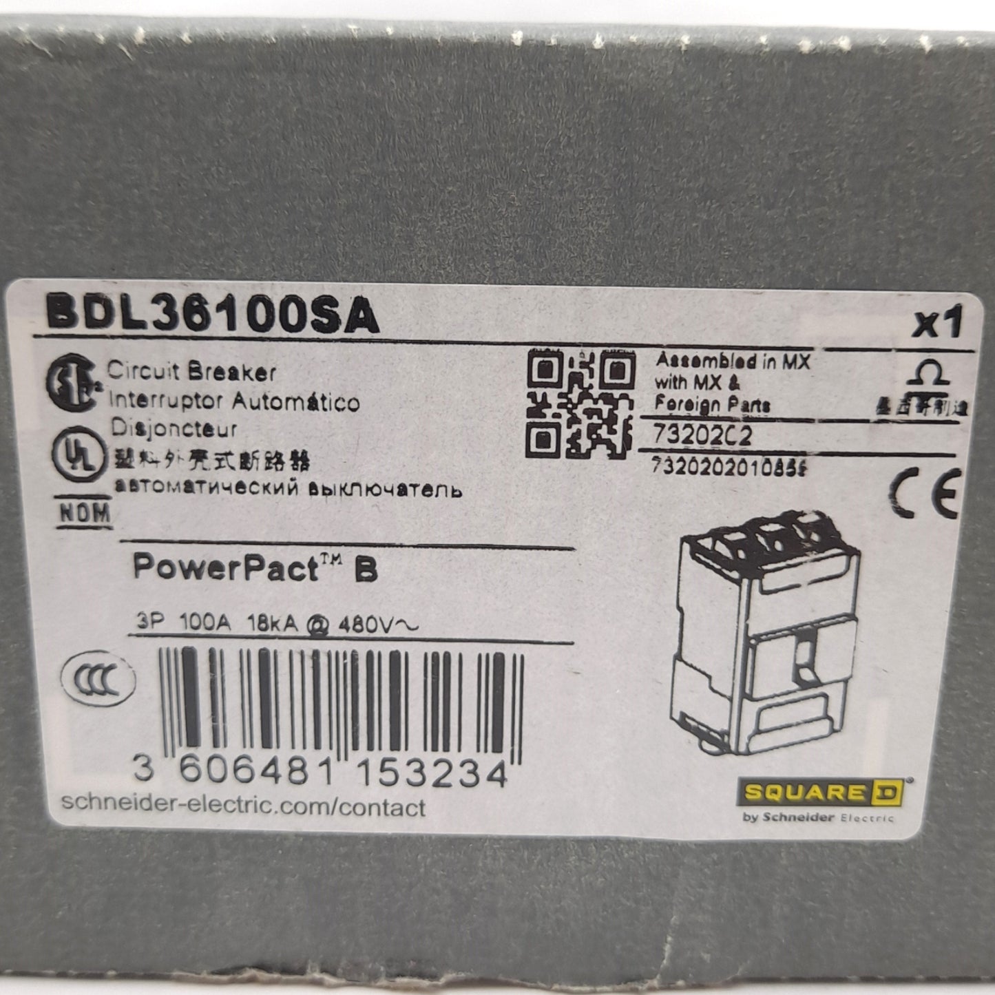 New Square D BDL36100SA PowerPacT B-Frame Circuit Breaker, 3-Pole, 525VAC 100A
