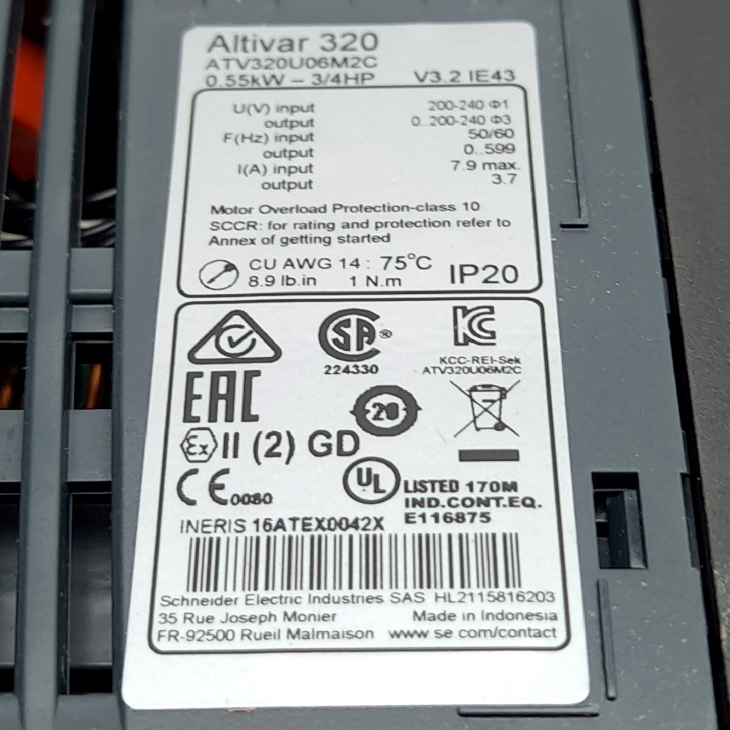 New Schneider Electric ATV320U06M2C Variable Speed AC Drive, 0.75HP, 200-240VAC 1-Ph