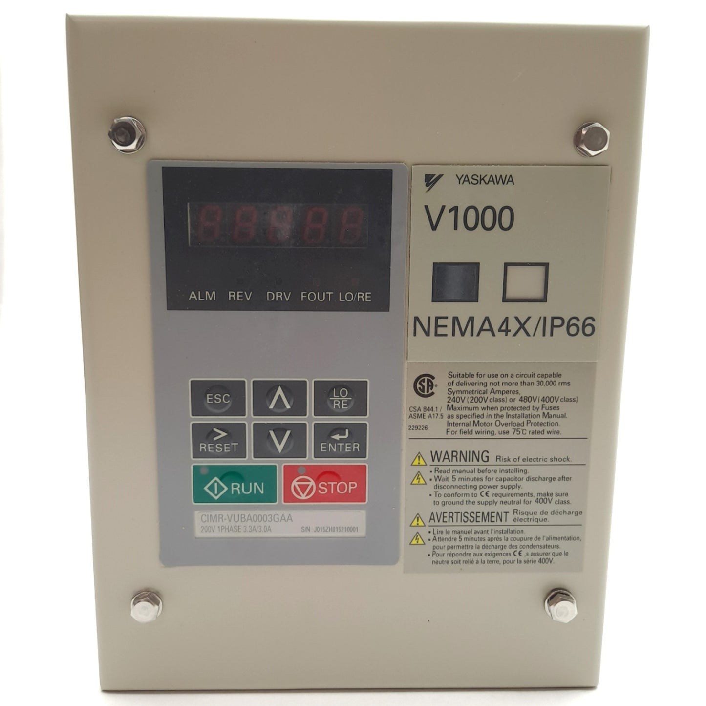 New Yaskawa CIMR-VUBA0003GAA AC Drive, 240VAC 1-Phase, 3.3A, 3/4HP, NEMA 4X