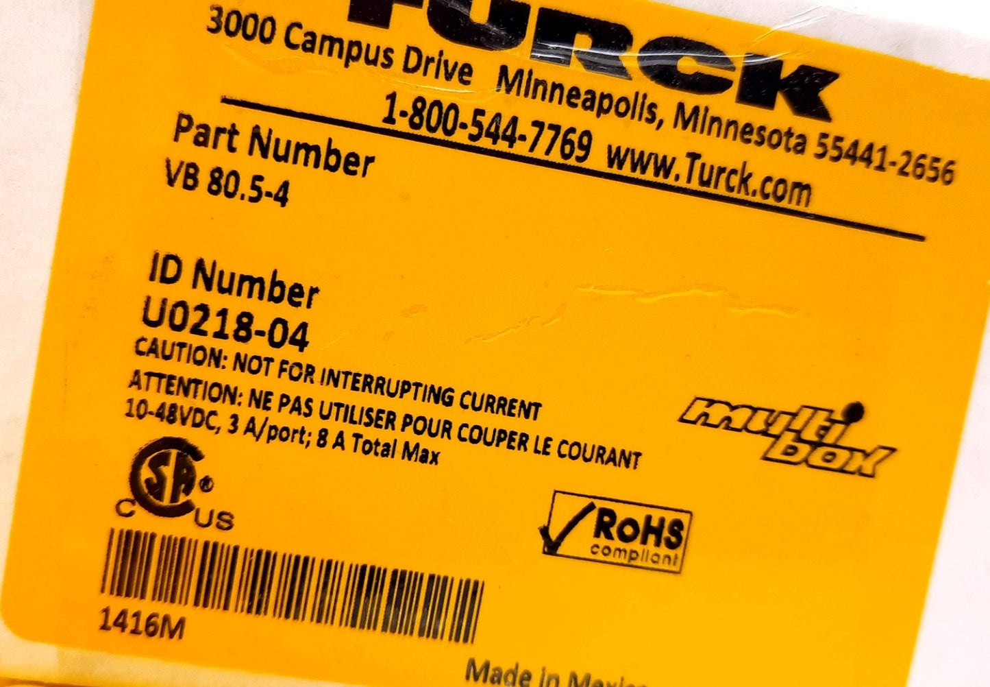 New Turck VB 80.5-4 8-Port Junction Box With Cable M12 Eurofast 8 I/O Ports 48VDC 3A