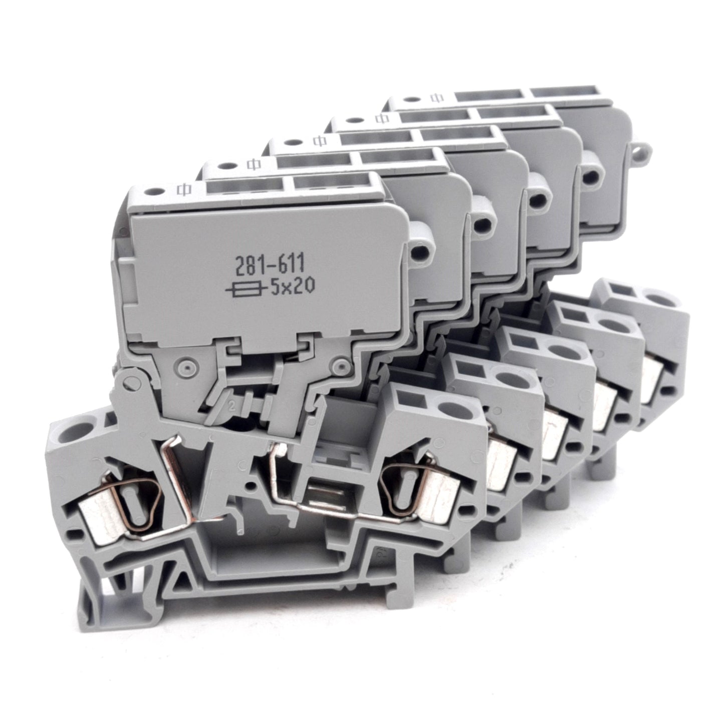 Used Lot of 5 Wago 281-611 Fused Terminal Blocks, 800V 16A, 5x20mm Fuses, DIN Rail