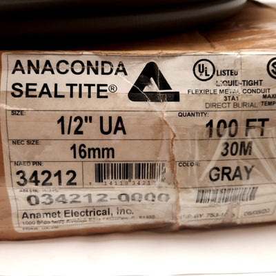 New Anaconda 34212 Flexible Metal Conduit, PVC Jacket, Gray, 1/2in Trade Size, 100ft