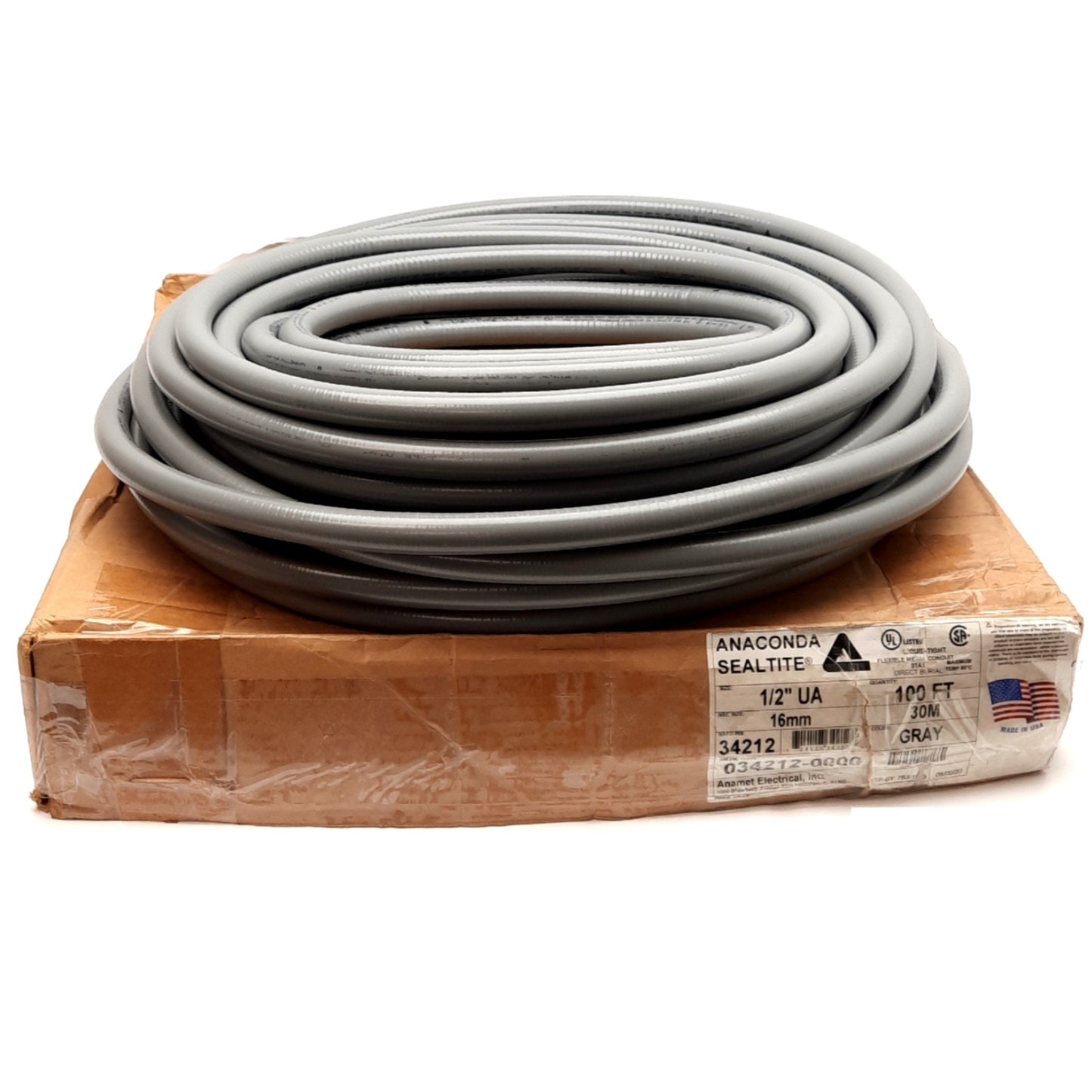 New Anaconda 34212 Flexible Metal Conduit, PVC Jacket, Gray, 1/2in Trade Size, 100ft