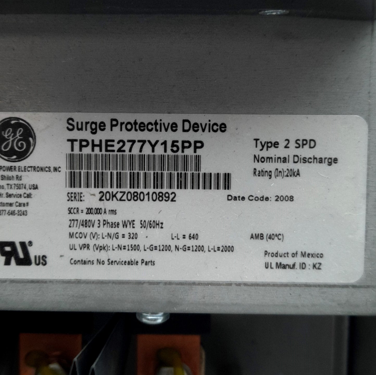 Used General Electric TPHE277Y15PP Surge Protector, 277Y/480VAC 3-PH 4-W, 150kA Max