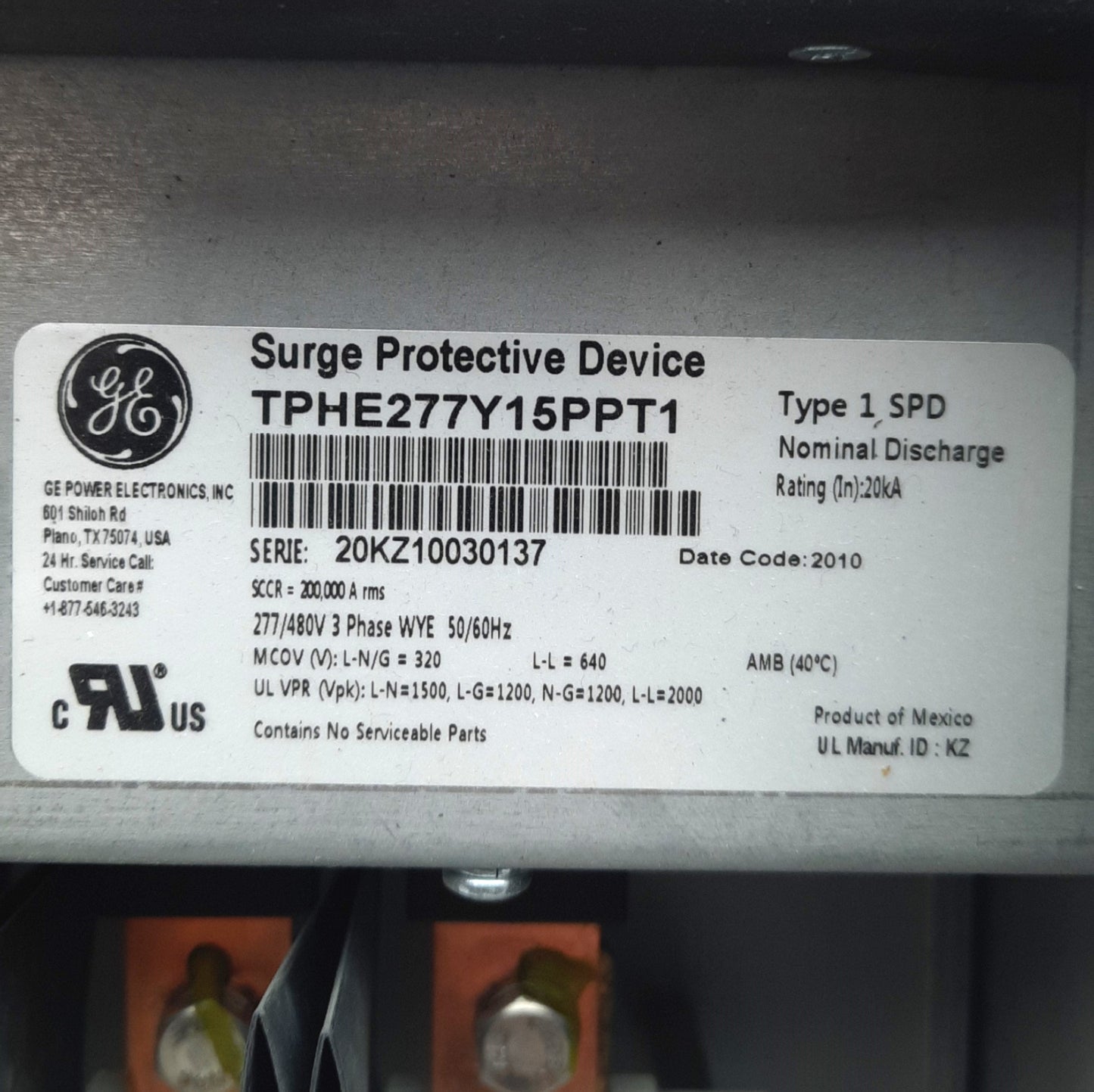 Used General Electric TPHE277Y15PPT1 Surge Protector 277Y/480VAC 3-PH 4-W, 150kA Max