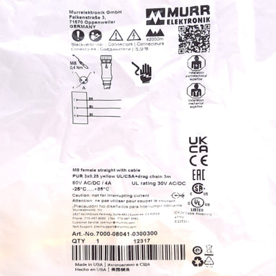 New Murr Elektronik 7000-08041-0300300 Cable , M8 3-Pin Female to Flying Leads, 3m
