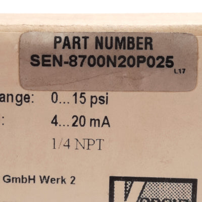 New Kobold SEN-8700N20P025 Pressure Sensor 0-15PSI, 15-32VDC, 4-20mA Output, 1/4 NPT