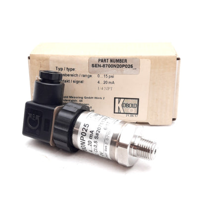 New Kobold SEN-8700N20P025 Pressure Sensor 0-15PSI, 15-32VDC, 4-20mA Output, 1/4 NPT