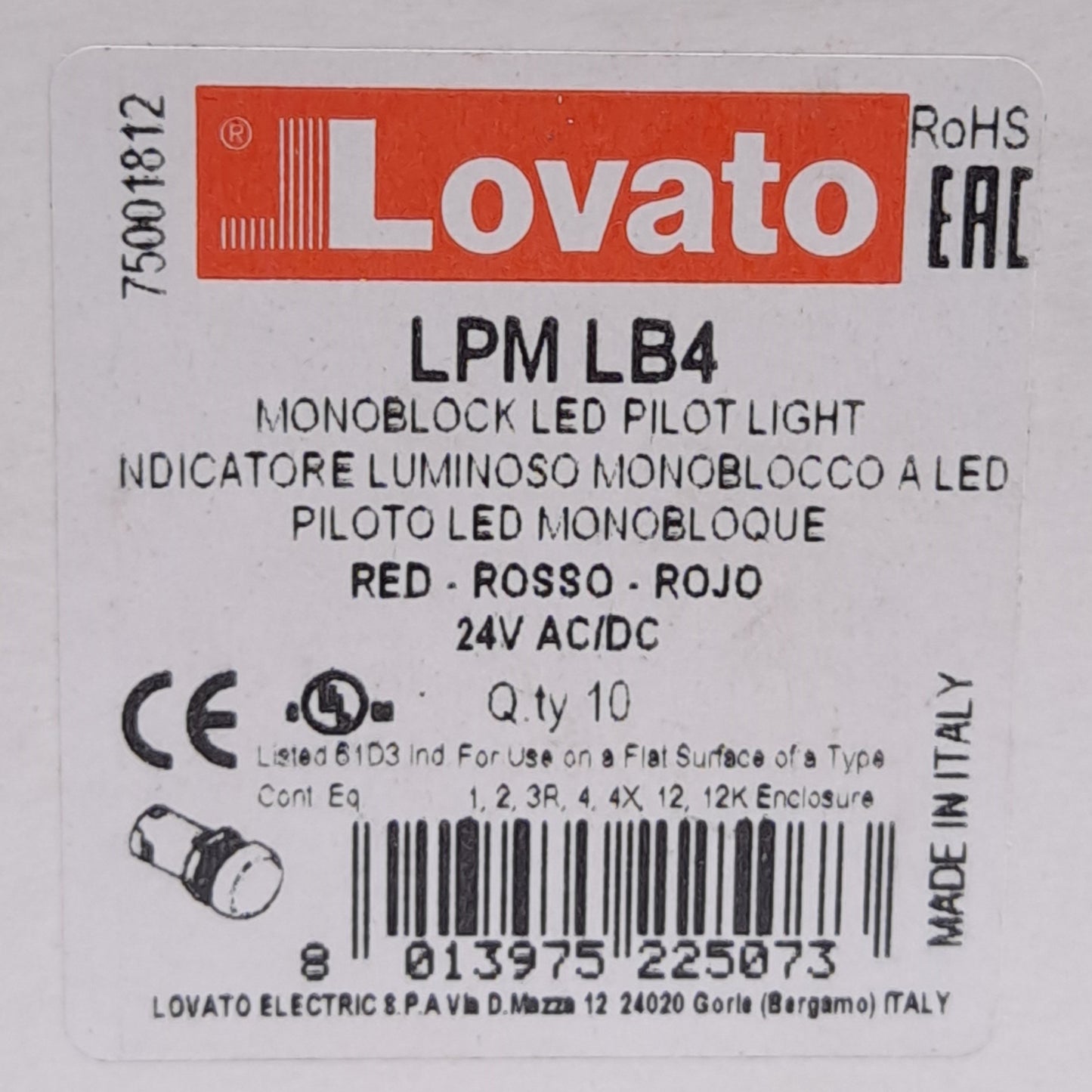 New Lot of 10 Lovato Electric LPMLB4 LED Pilot Light, Steady Red, ø22mm, 24VAC/DC