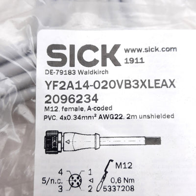 New Lot of 3 SICK YF2A14-020VB3XLEAX Cordset 5-Pin M12 Female, 250VAC/DC 4A, 2m Long