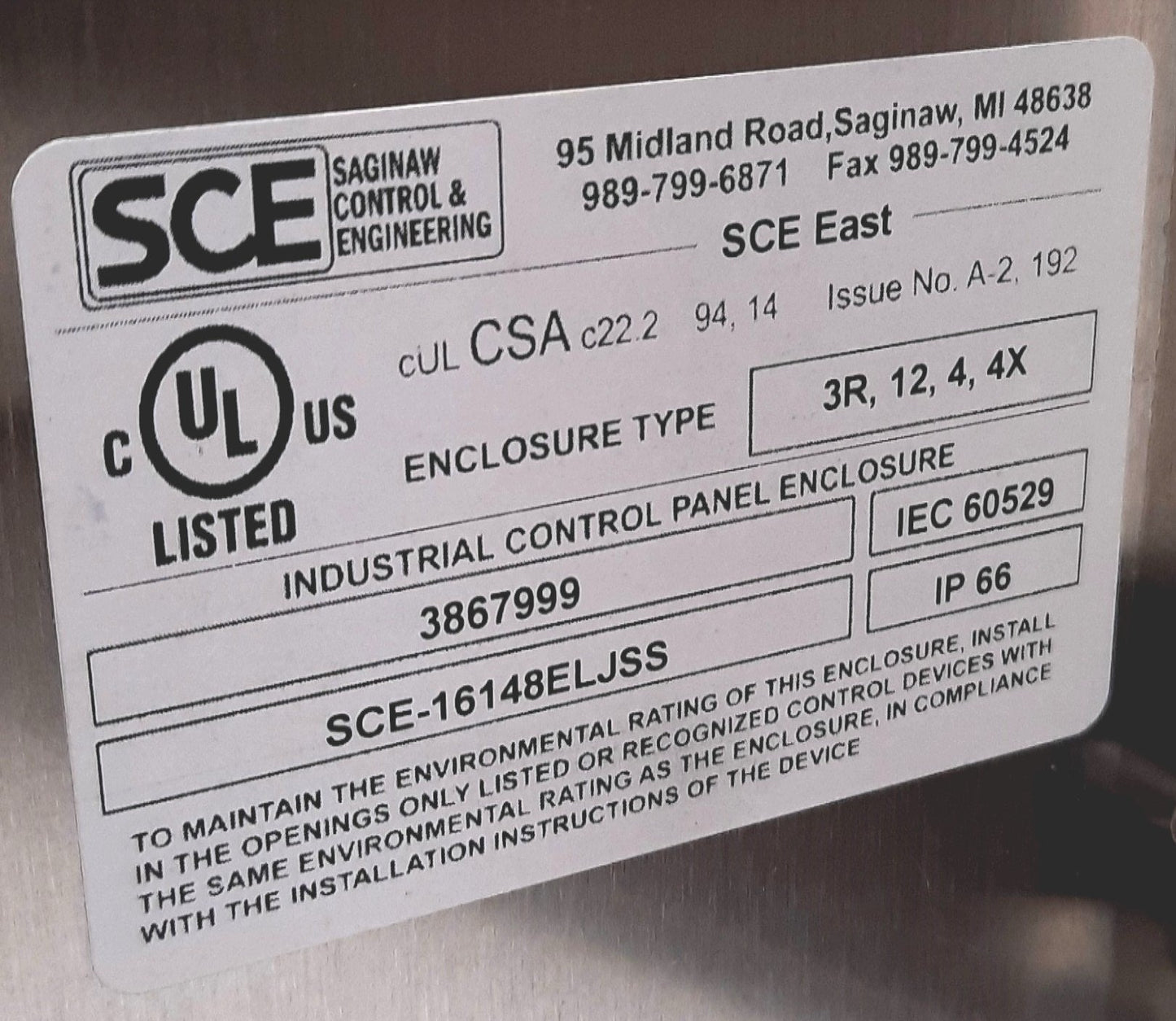 New Saginaw SCE-16148ELJSS Stainless Steel Wall Mount Electrical Enclosure 16x14x8"