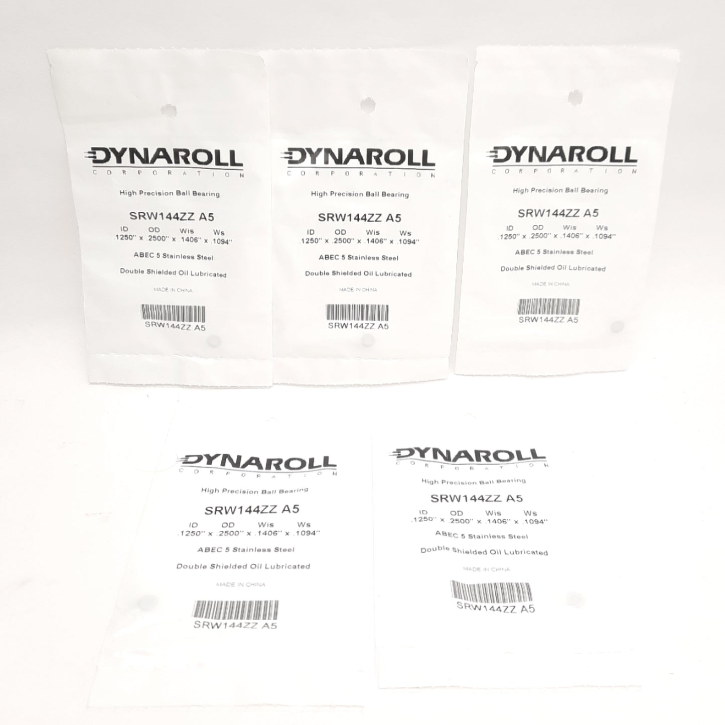 New Lot of 5 Dynaroll SRW144ZZA5 High Precision SS Ball Bearing, 1/8in ID x 1/4in OD