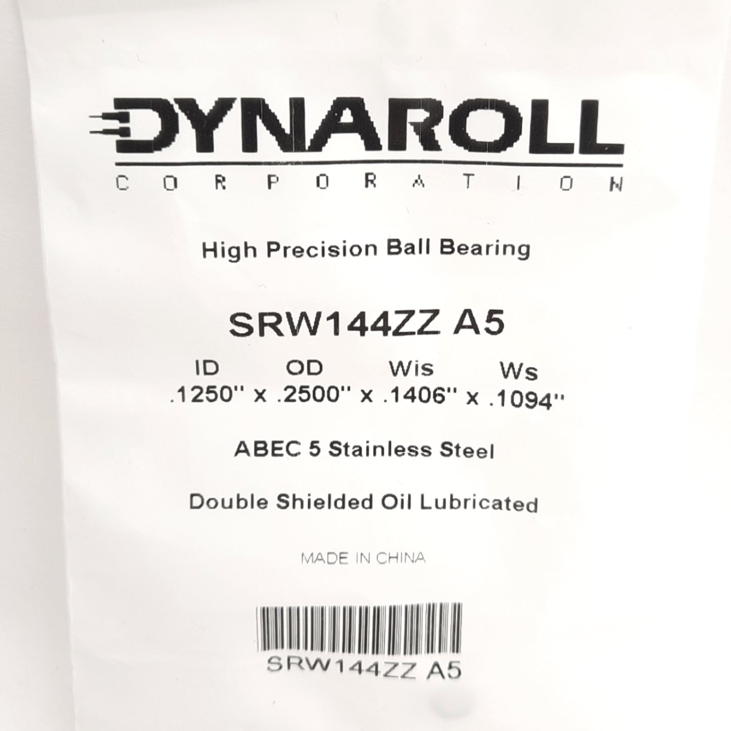 New Lot of 5 Dynaroll SRW144ZZA5 High Precision SS Ball Bearing, 1/8in ID x 1/4in OD