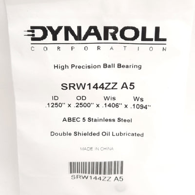 New Lot of 5 Dynaroll SRW144ZZA5 High Precision SS Ball Bearing, 1/8in ID x 1/4in OD