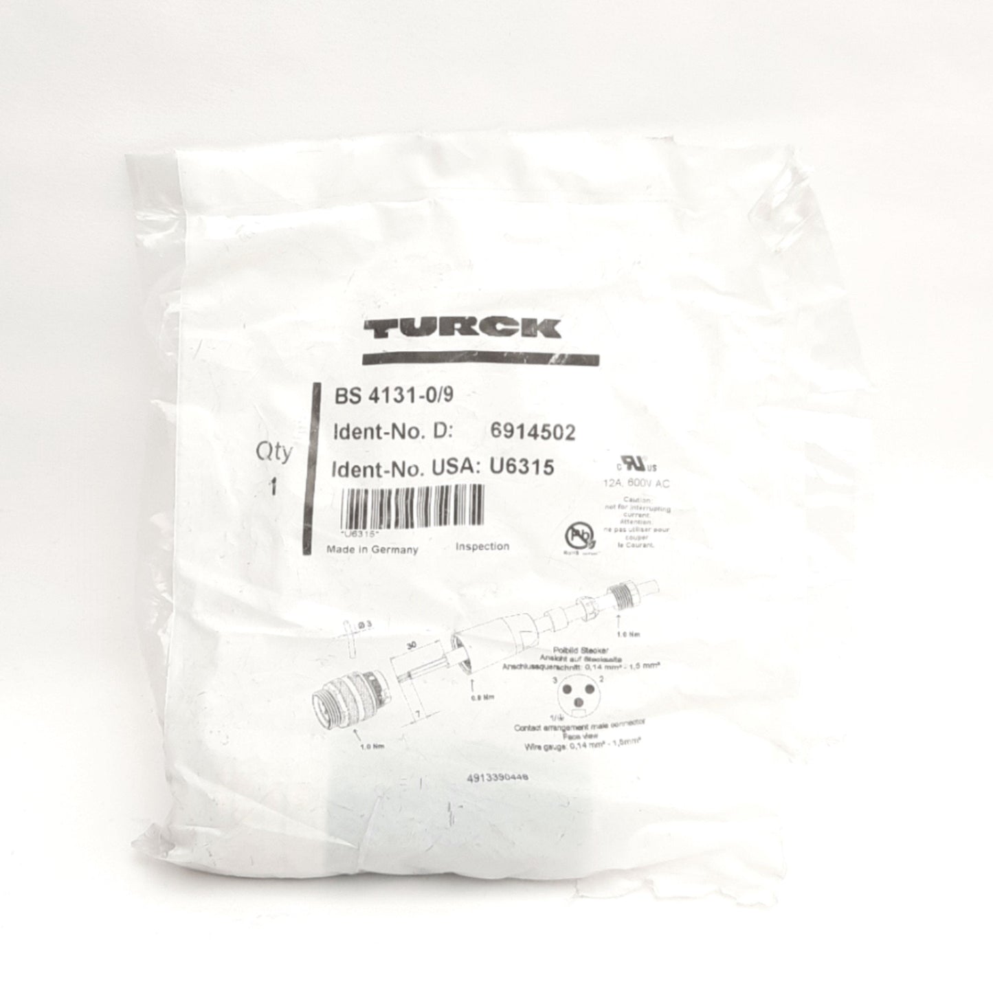 New Turck BS 4131-0/9 Field Wireable Connector 7/8" 3-Pin Male, 600VAC 12A