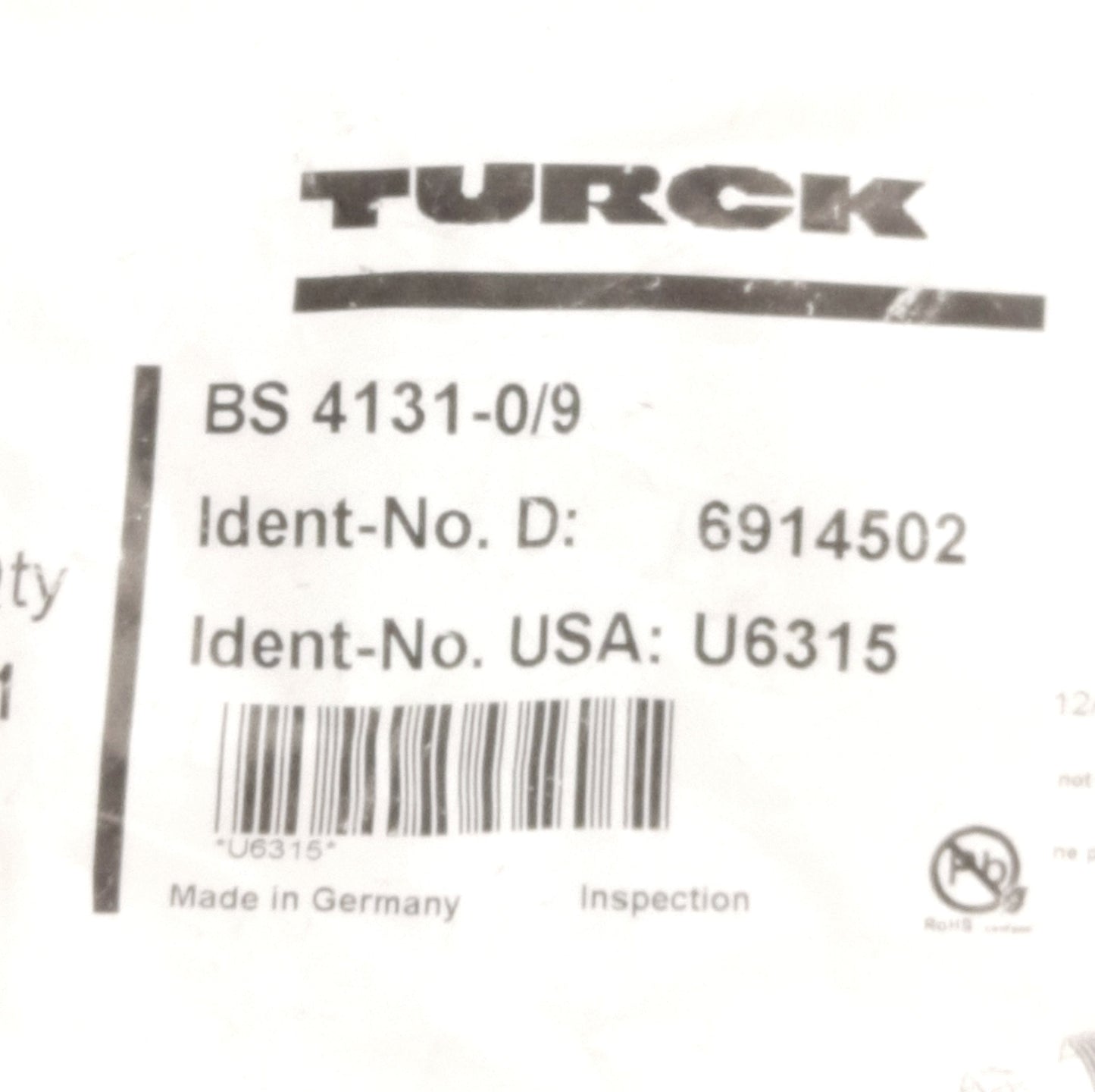 New Turck BS 4131-0/9 Field Wireable Connector 7/8" 3-Pin Male, 600VAC 12A