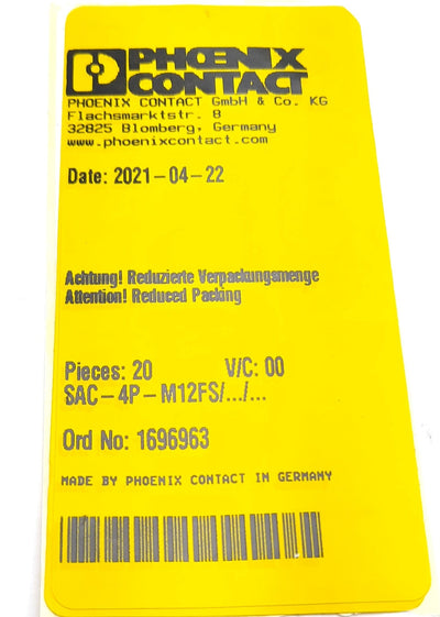 New Phoenix Contact SAC-4P-M12FS/.../... Sensor Actuator Cable 4 Position 250VAC/VDC