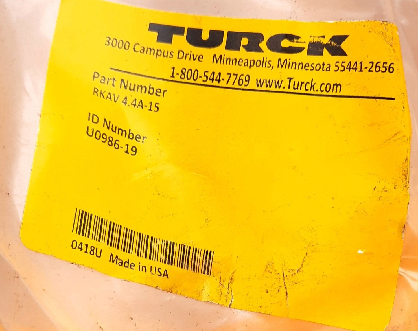 New Turck RKAV 4.4A-15 Cable Cordset 4-pin M12 Eurofast Female Connector 250VAC