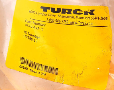 New Turck RKAV 4.4A-15 Cable Cordset 4-pin M12 Eurofast Female Connector 250VAC