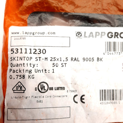 New Lot of 50 LAPP 53111230 SKINTOP Cable Gland, M25x1.5 Thread, ø0.315-0.669in