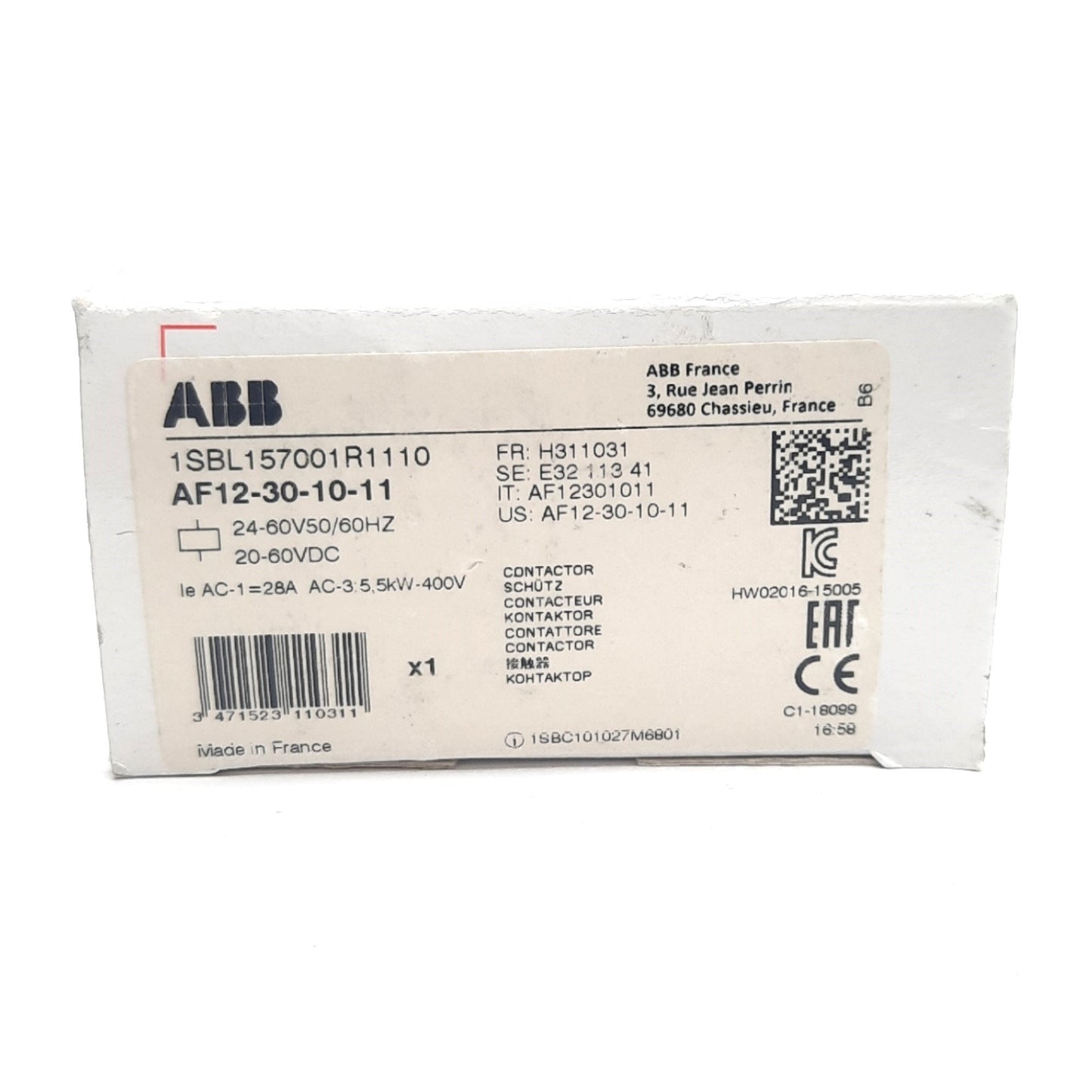New – Open box ABB AF12-30-10-11 Contactor 600 VAC, 28A, N.O. Aux, DIN Rail, 60V Coil