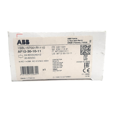 New – Open box ABB AF12-30-10-11 Contactor 600 VAC, 28A, N.O. Aux, DIN Rail, 60V Coil