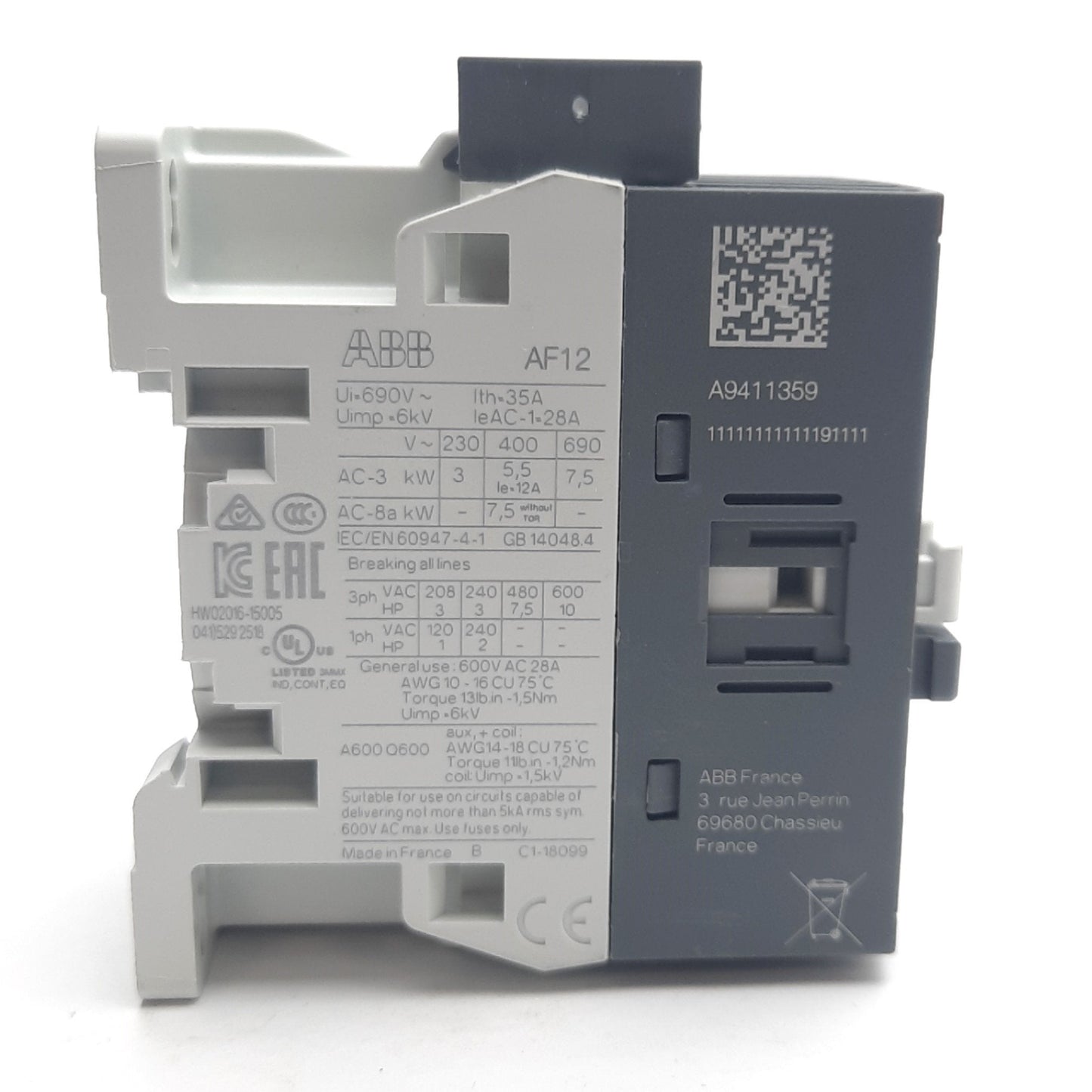 New – Open box ABB AF12-30-10-11 Contactor 600 VAC, 28A, N.O. Aux, DIN Rail, 60V Coil